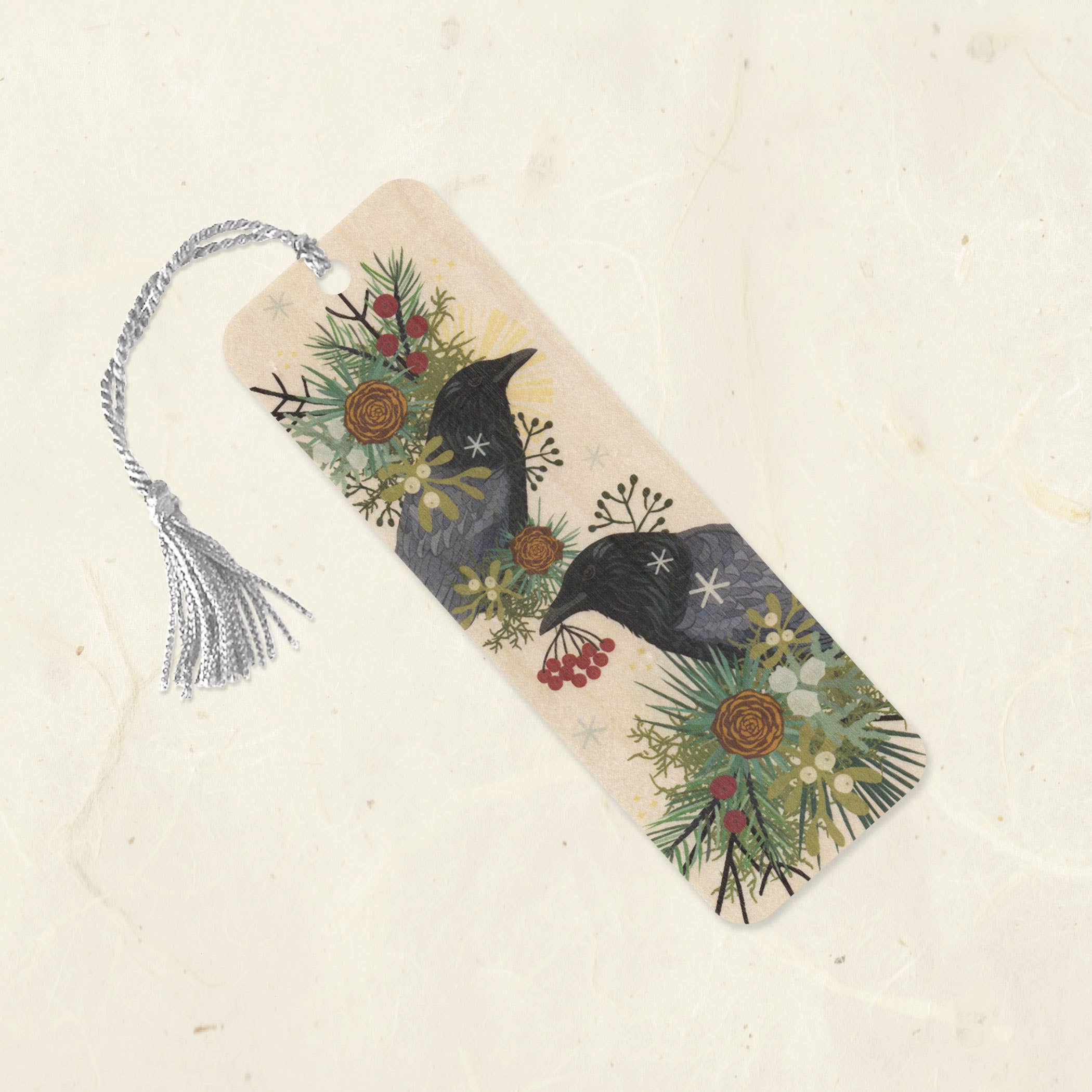 Winter Crow Wood Bookmark with Tassel