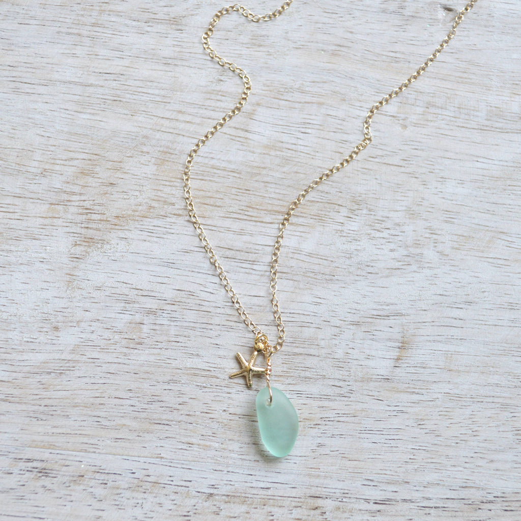 Tiny Frosted Glass & Starfish Necklace in Gold