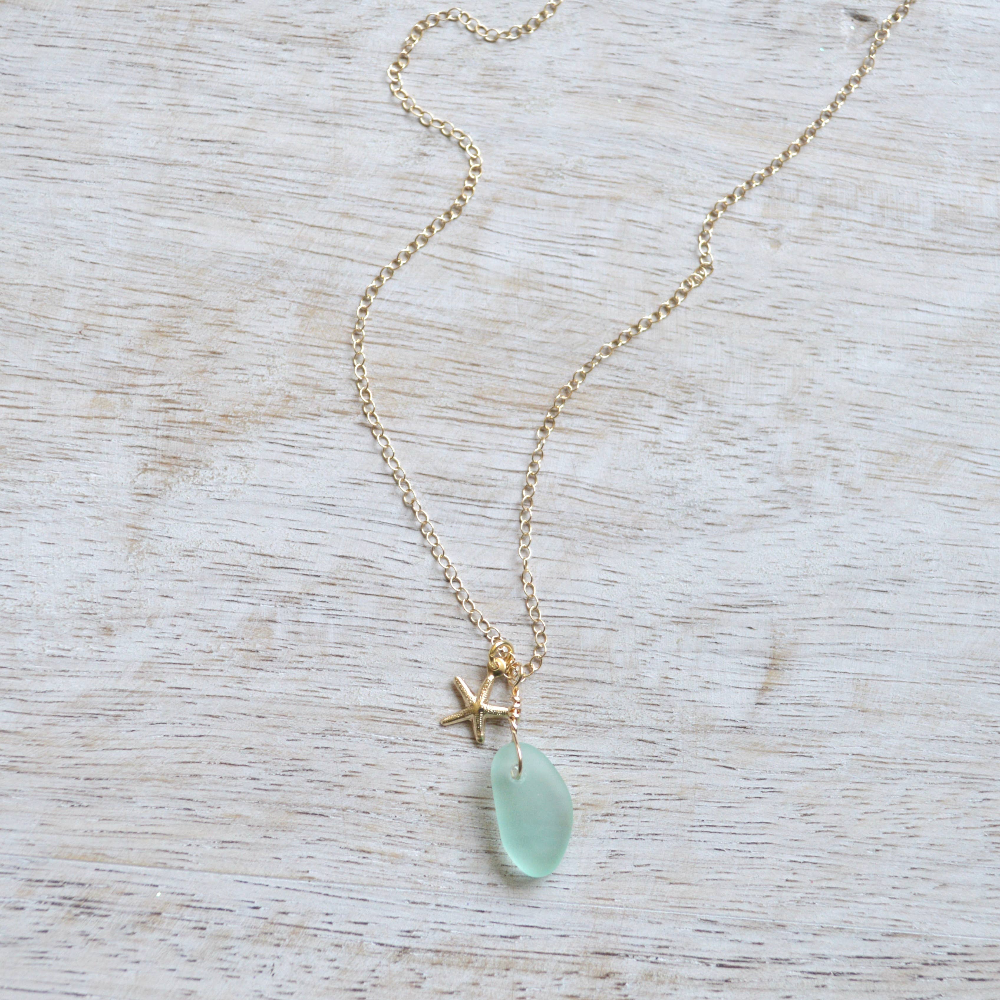 Tiny Frosted Glass & Starfish Necklace in Gold