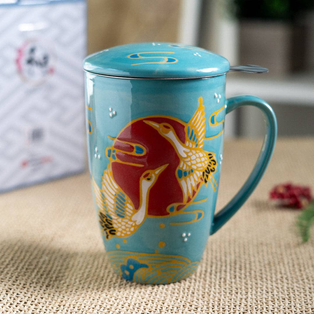 Japanese Crane Design 15oz Tea Mugs with Lid and Infuser for Loose Leaf Tea (4/32)