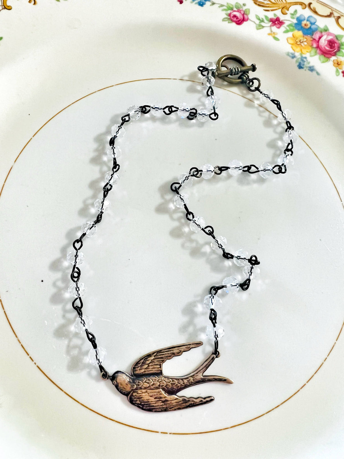 Fly Away Sparrow Brass Patina Beaded Chain Necklace