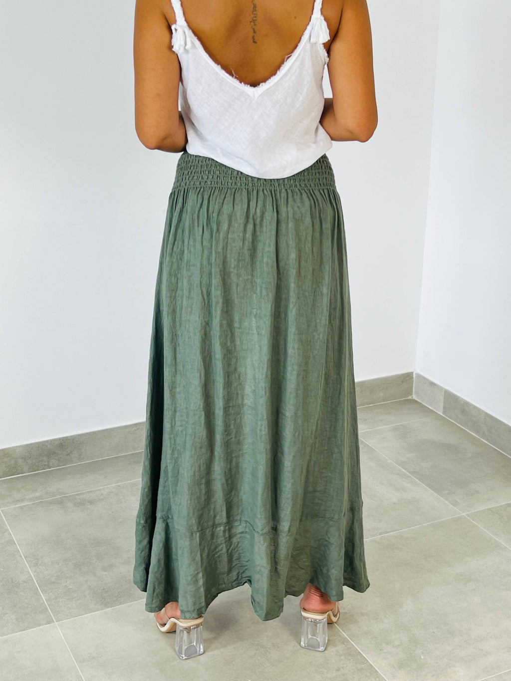 Ref-80129 LINEN SKIRT WITH BUTTONS, ELASTIC WAIST, 100% LINEN