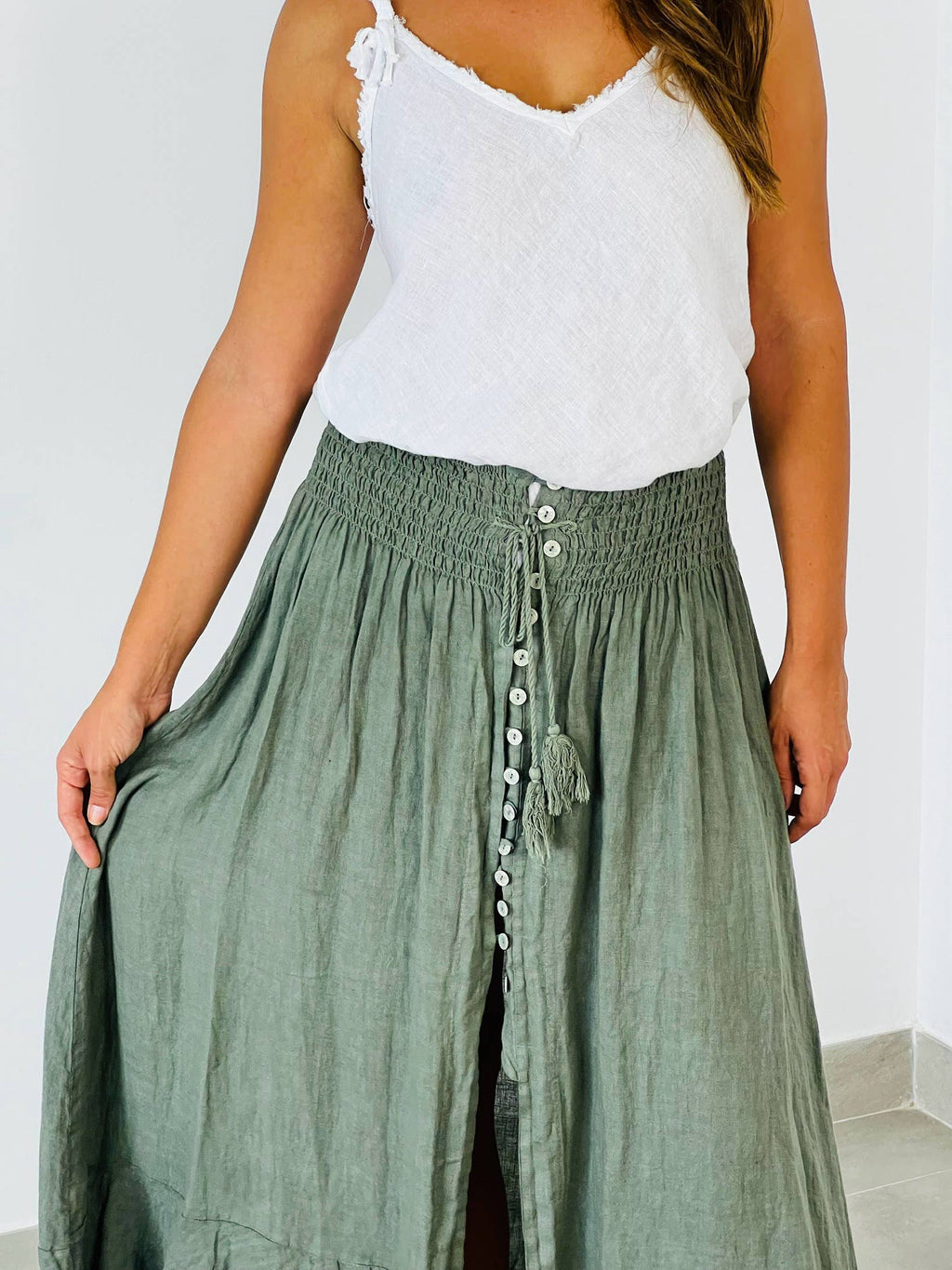 Ref-80129 LINEN SKIRT WITH BUTTONS, ELASTIC WAIST, 100% LINEN