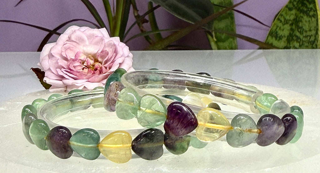 Natural Fluorite Heart Crystal Stretch Bracelet 7.5”