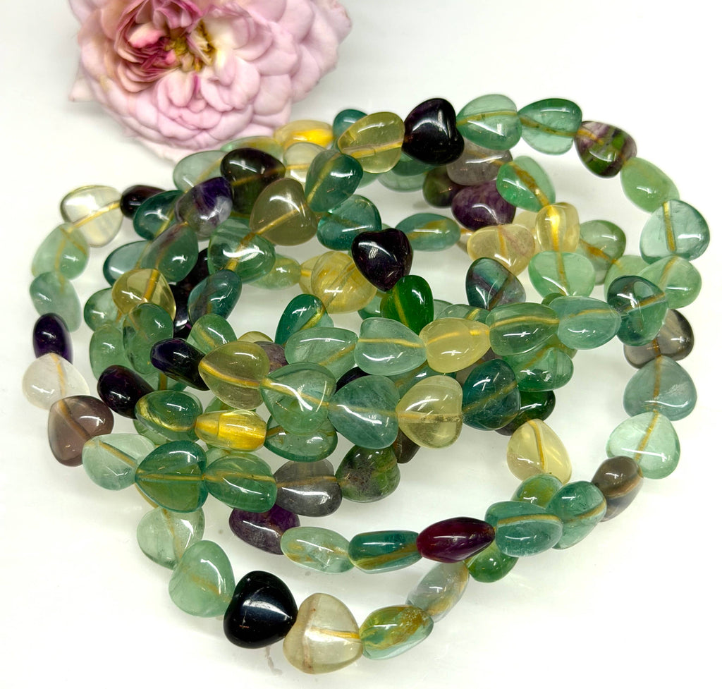 Natural Fluorite Heart Crystal Stretch Bracelet 7.5”