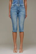 Kenzie Vintage Skinny Jeans by Hidden Jeans, light blue denim capri pants styled with a corset top and cream heels.