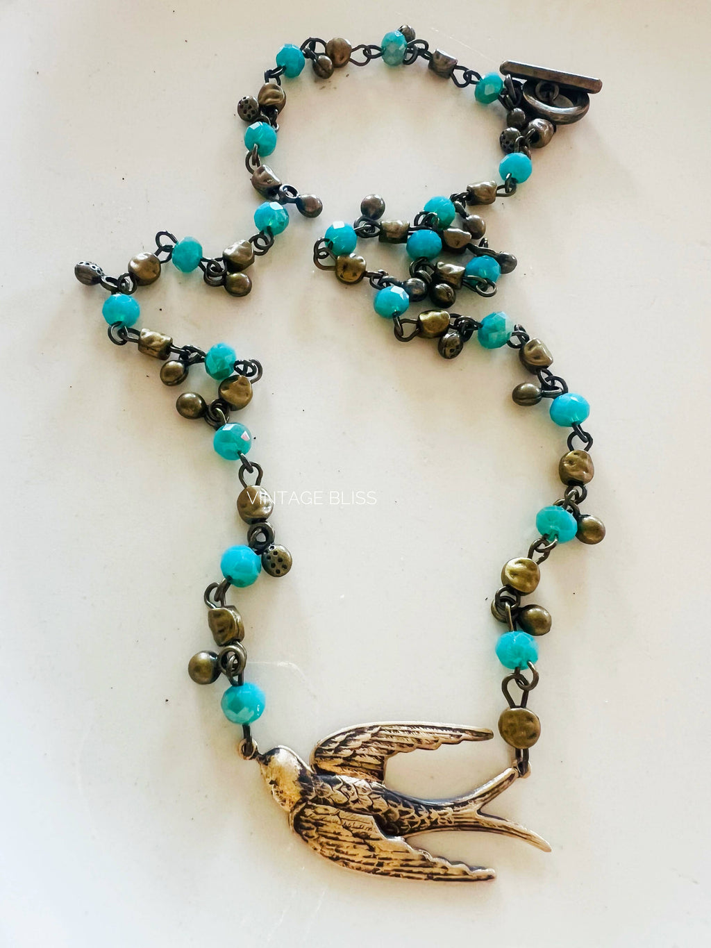 Fly Away Sparrow Brass Patina Beaded Chain Necklace