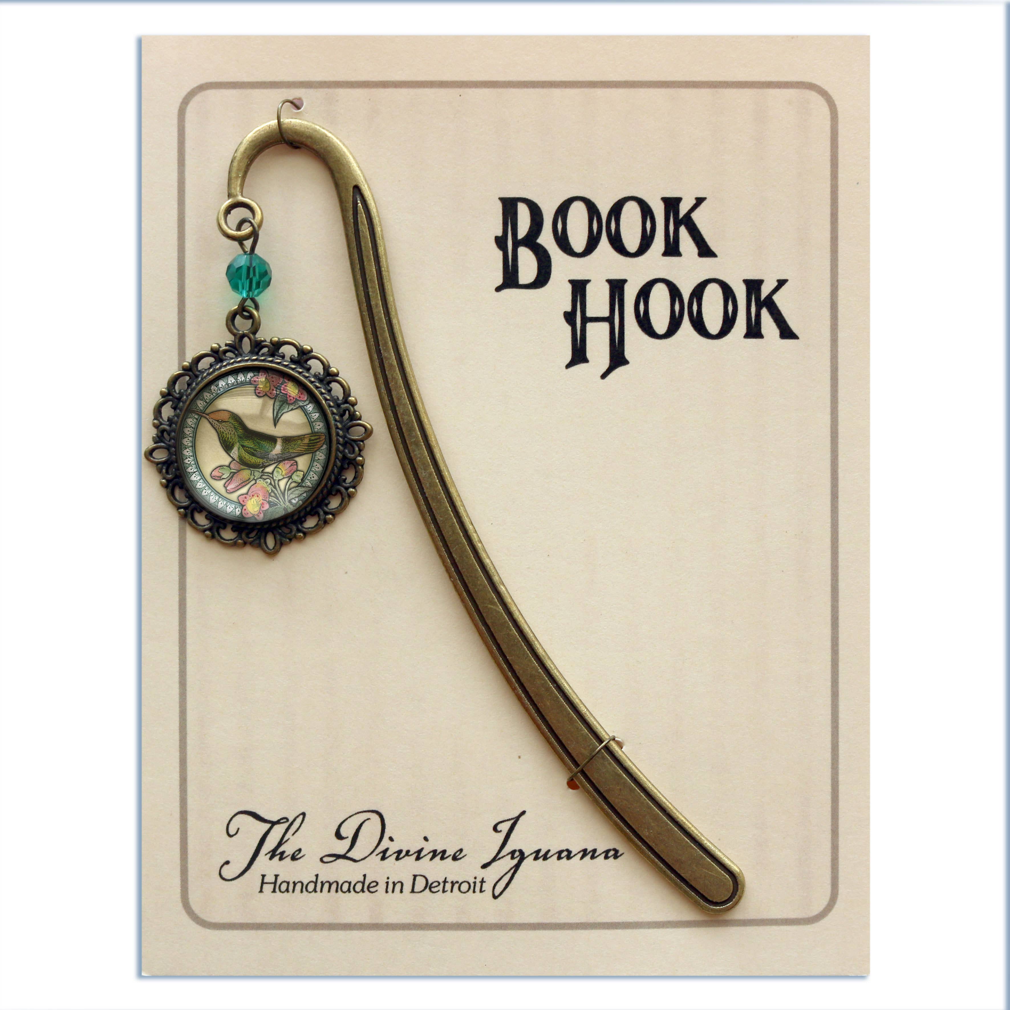 Hummingbird Vintage Inspired Glass Cabochon Bronze Bookmark