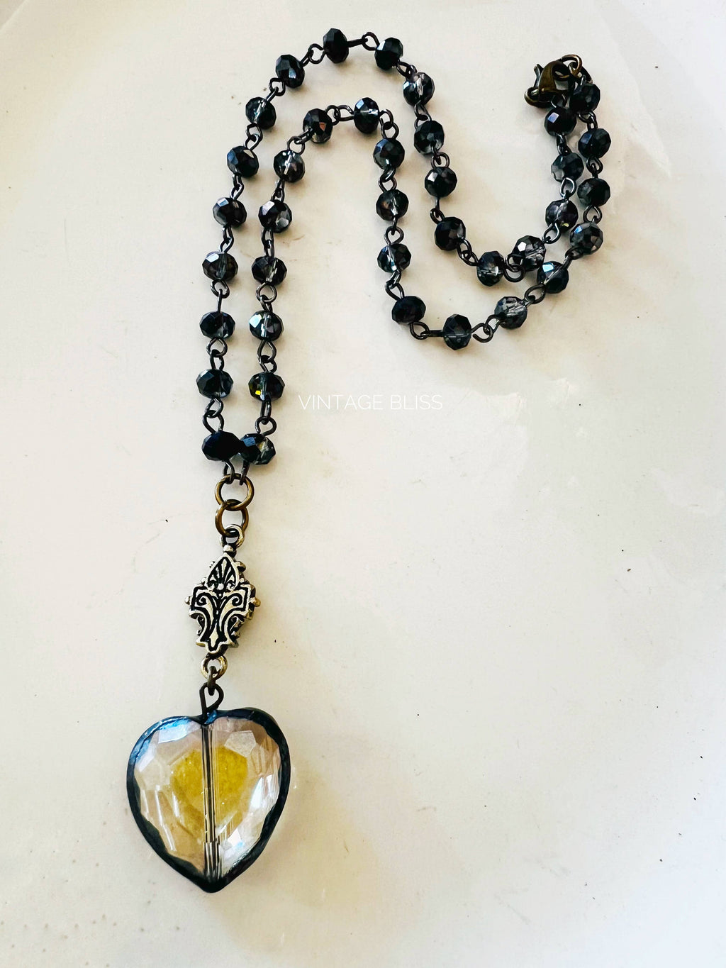 Soldered Topaz Crystal Filigree Glass Heart Necklace