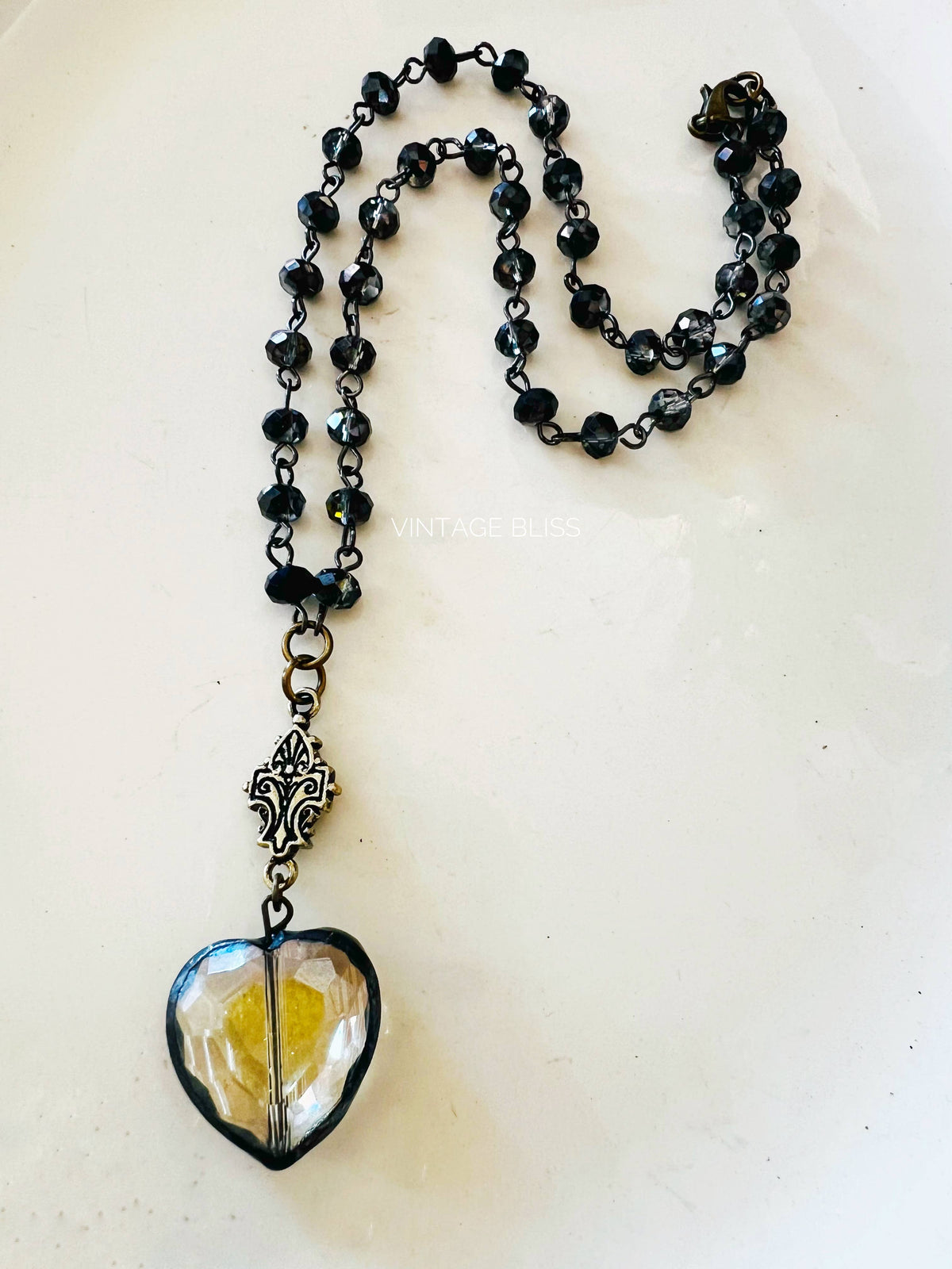 Soldered Topaz Crystal Filigree Glass Heart Necklace