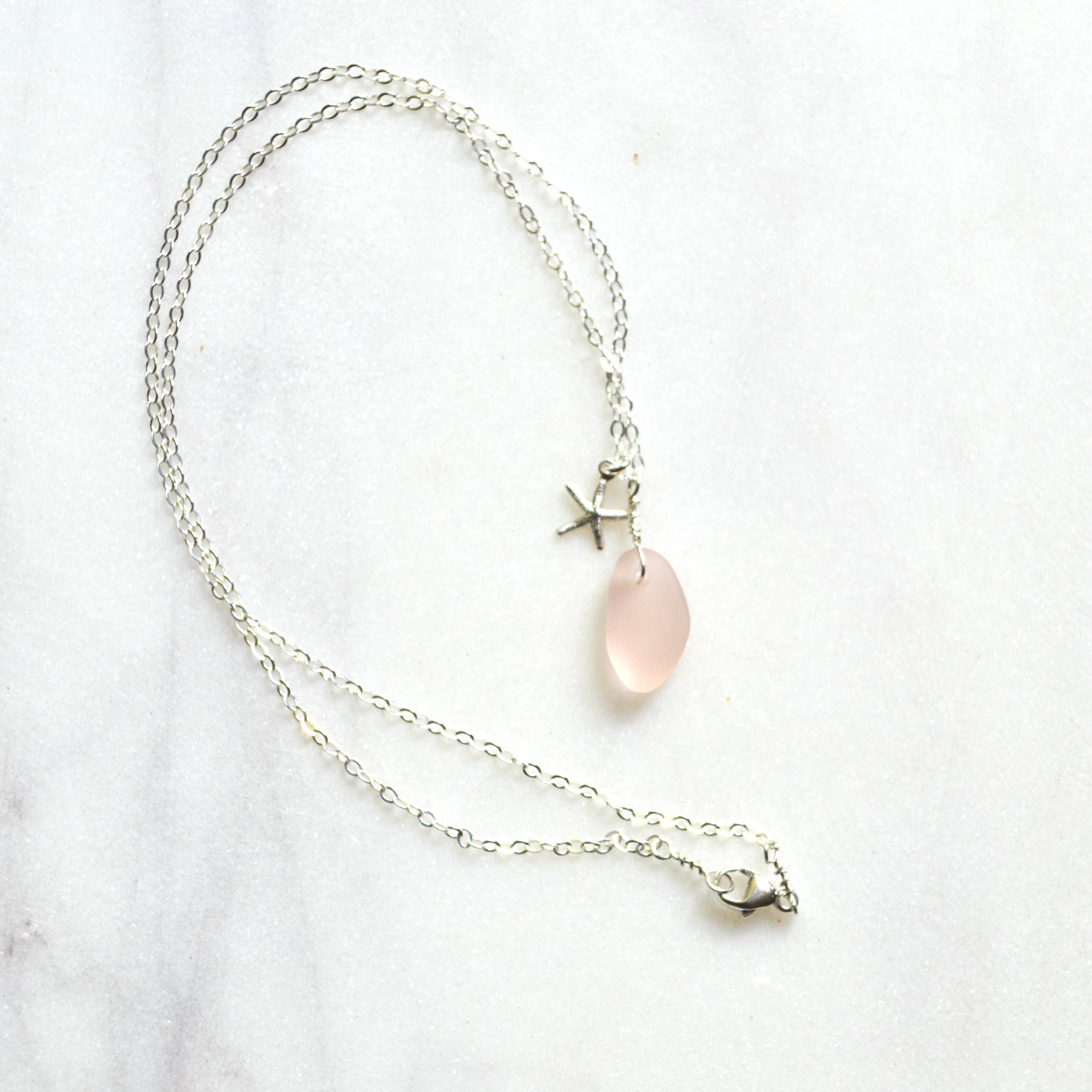 Tiny Frosted Glass & Starfish Necklace Silver