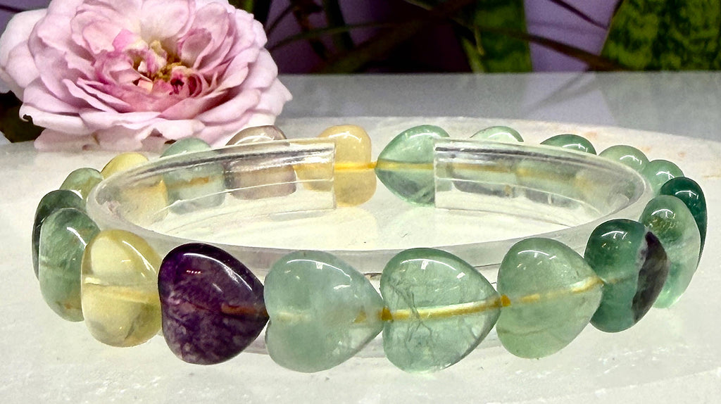 Natural Fluorite Heart Crystal Stretch Bracelet 7.5”