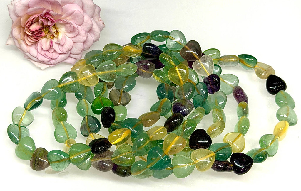 Natural Fluorite Heart Crystal Stretch Bracelet 7.5”