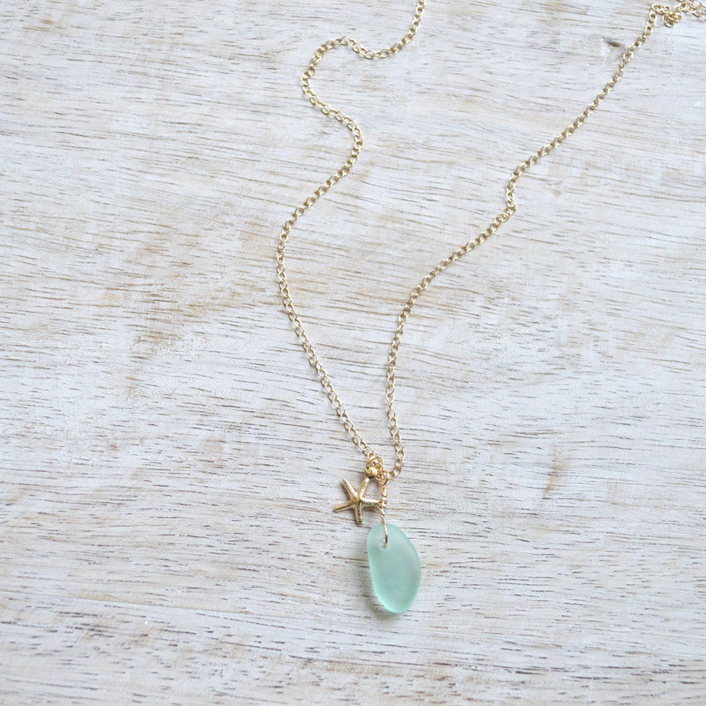 Tiny Frosted Glass & Starfish Necklace in Gold