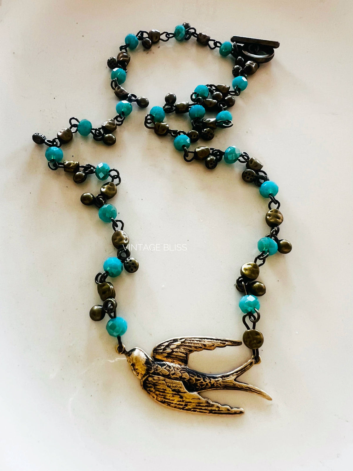 Fly Away Sparrow Brass Patina Beaded Chain Necklace