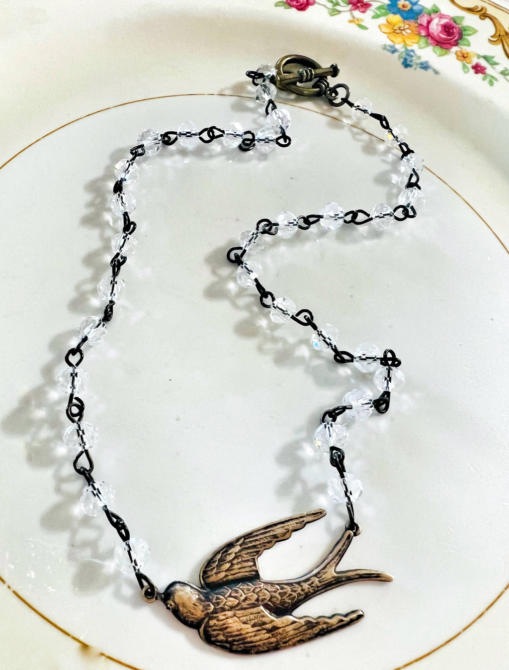 Fly Away Sparrow Brass Patina Beaded Chain Necklace