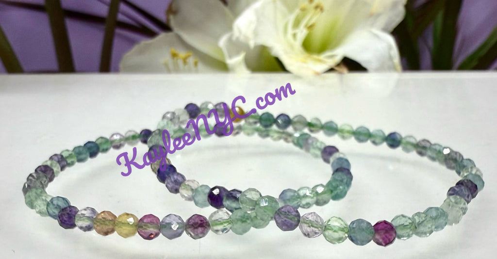 Natural Faceted Fluorite Crystal Stretch Bracelets 7.5"
