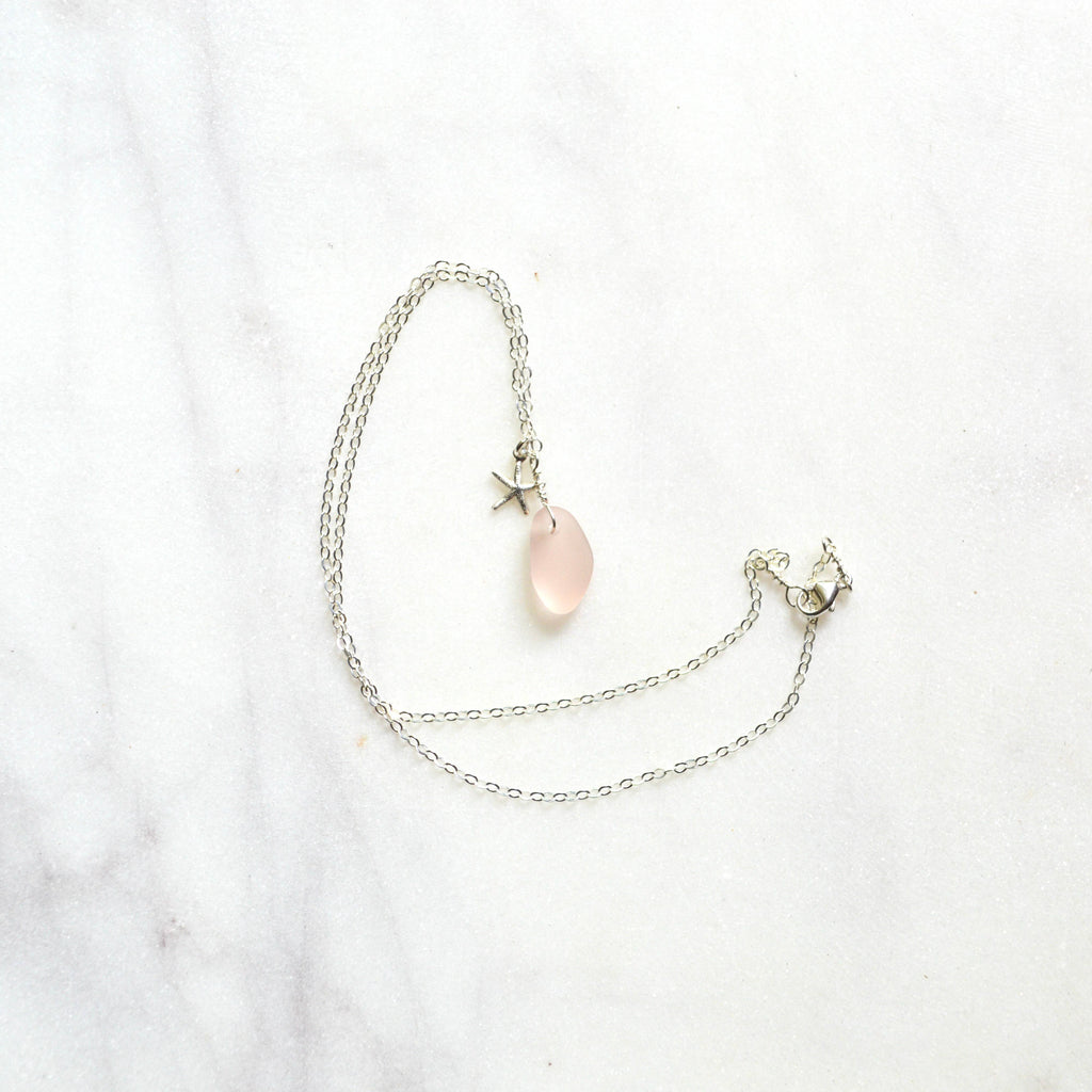 Tiny Frosted Glass & Starfish Necklace Silver