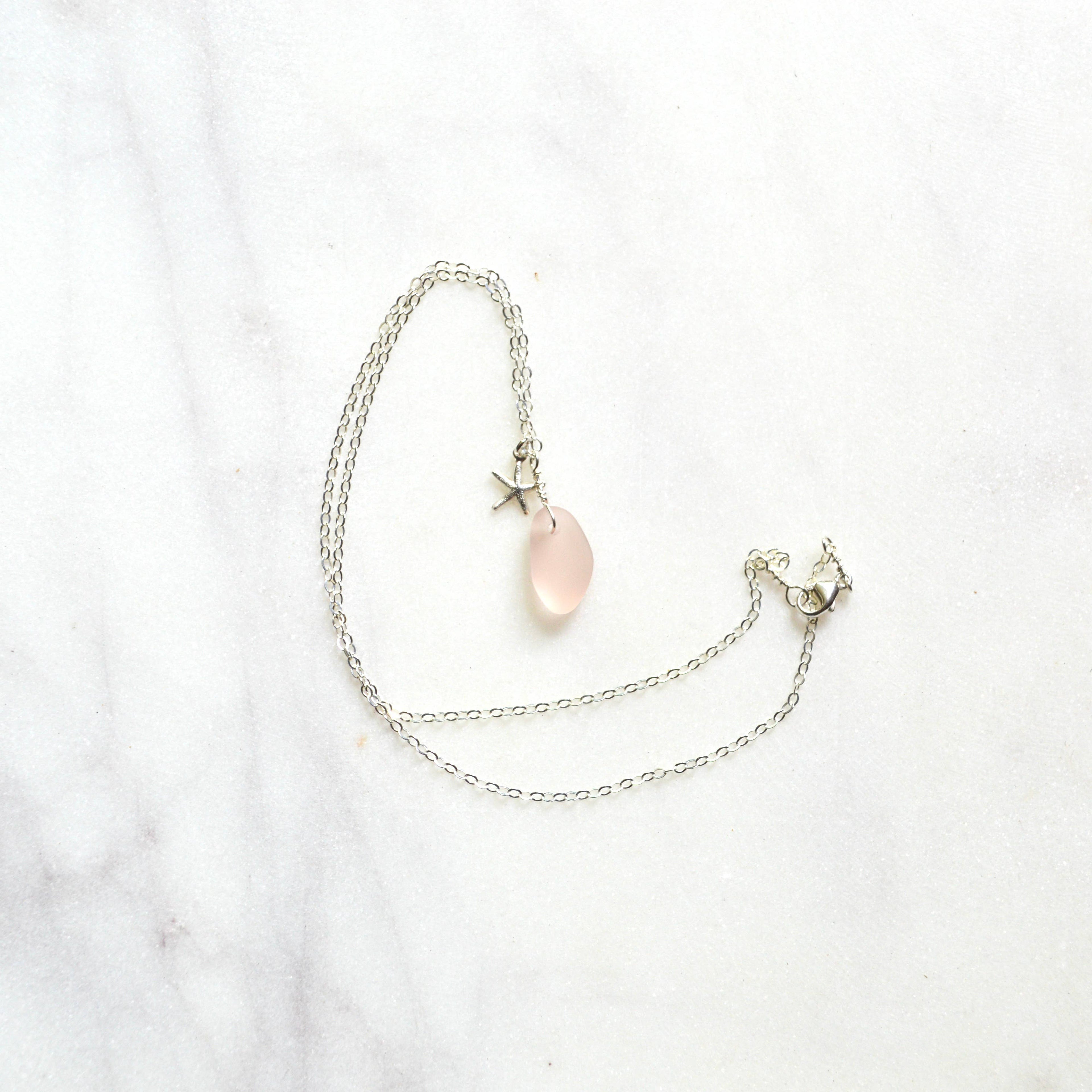 Tiny Frosted Glass & Starfish Necklace Silver