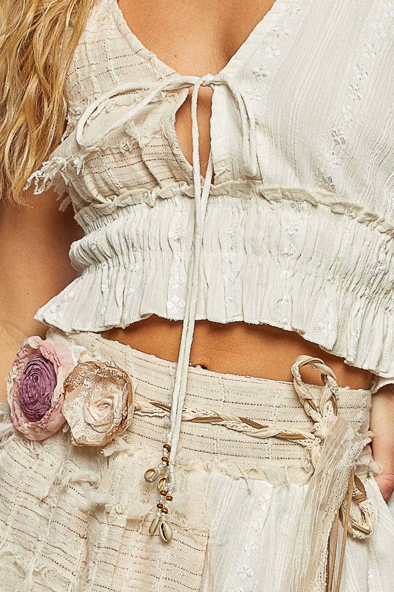 Reverse Ruffle Shirring V-Neck Cotton Sleeveless Crop Top