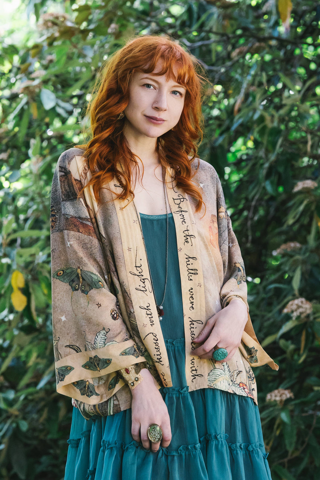Lovelight Pixie Cropped Kimono w/ woodland swallow & stars