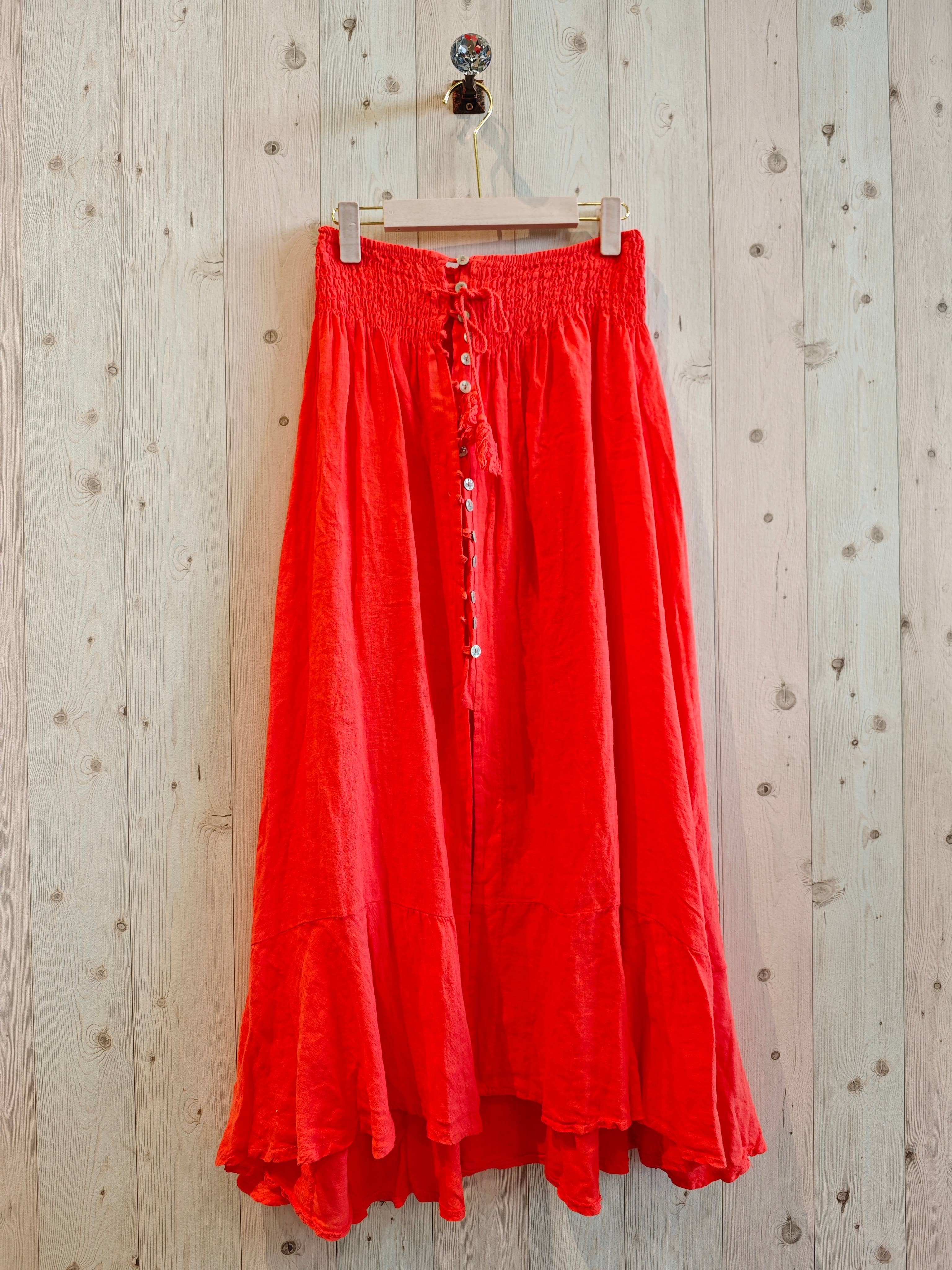 Ref-80129 LINEN SKIRT WITH BUTTONS, ELASTIC WAIST, 100% LINEN