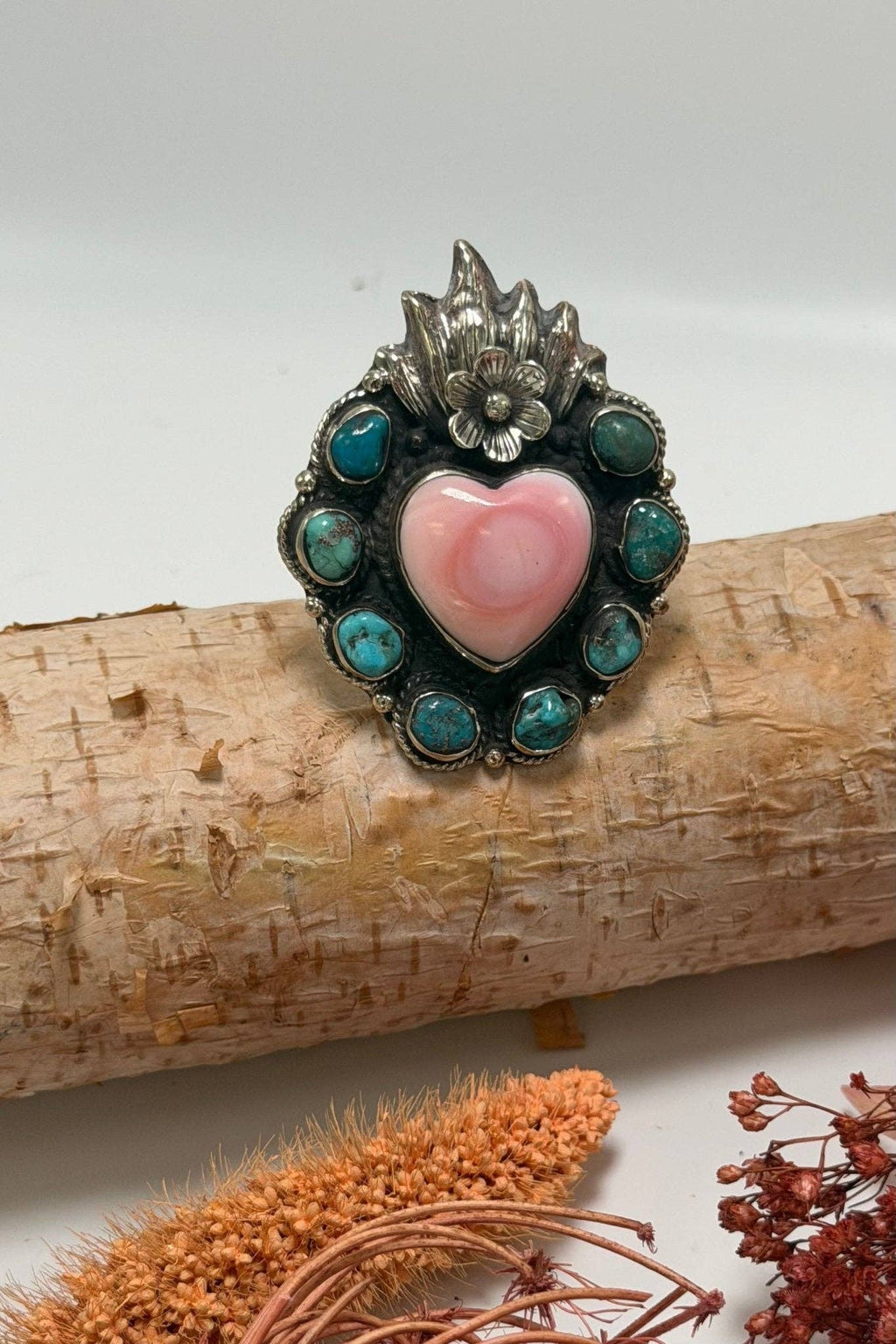 Flaming Heart in Pink Shell & Turquoise Ring