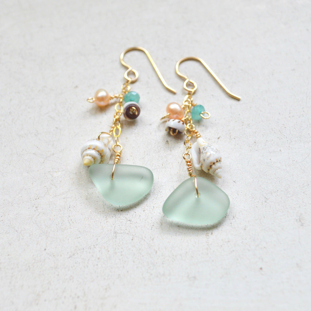 Sea Foam Glass and Puka Shell Earrings