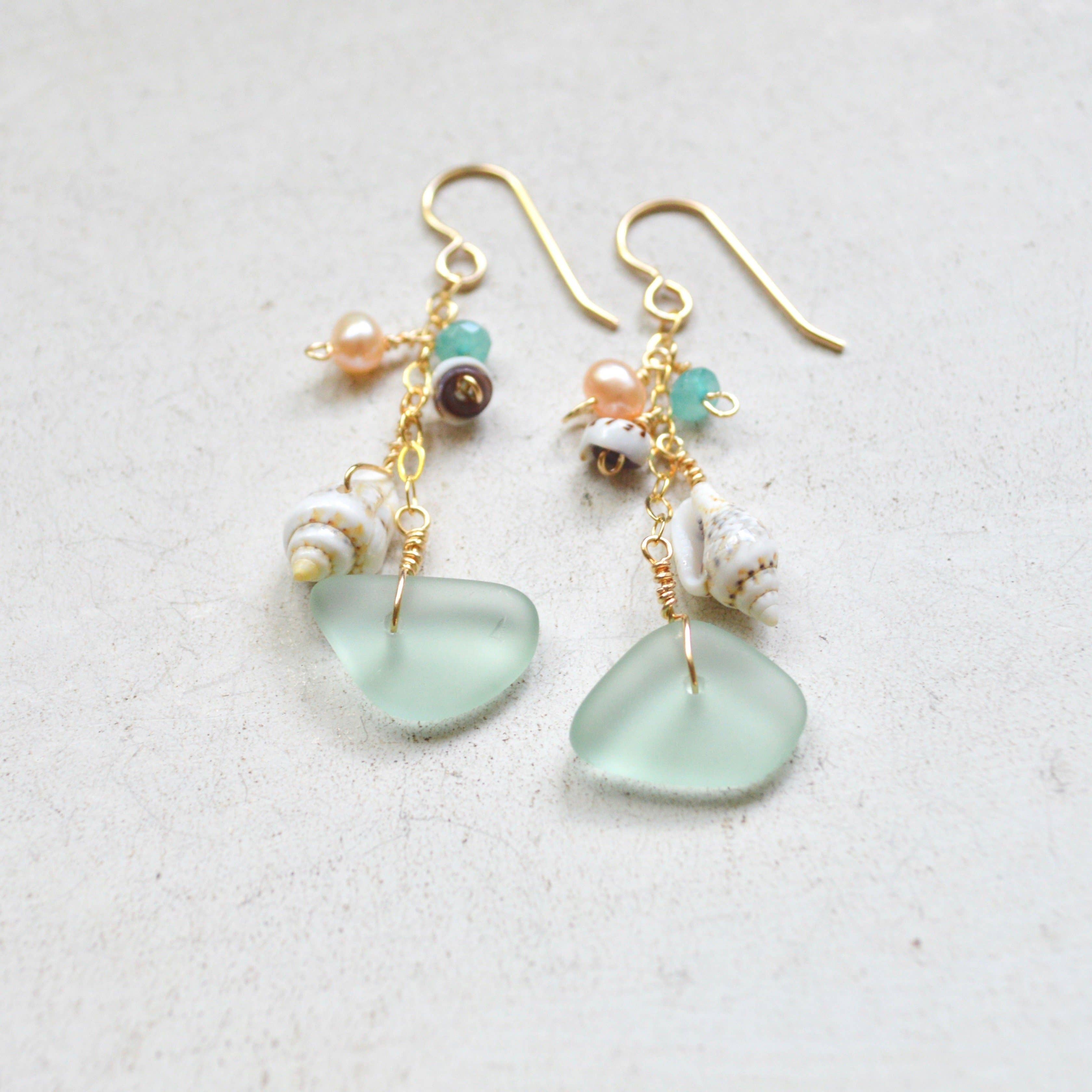 Sea Foam Glass and Puka Shell Earrings