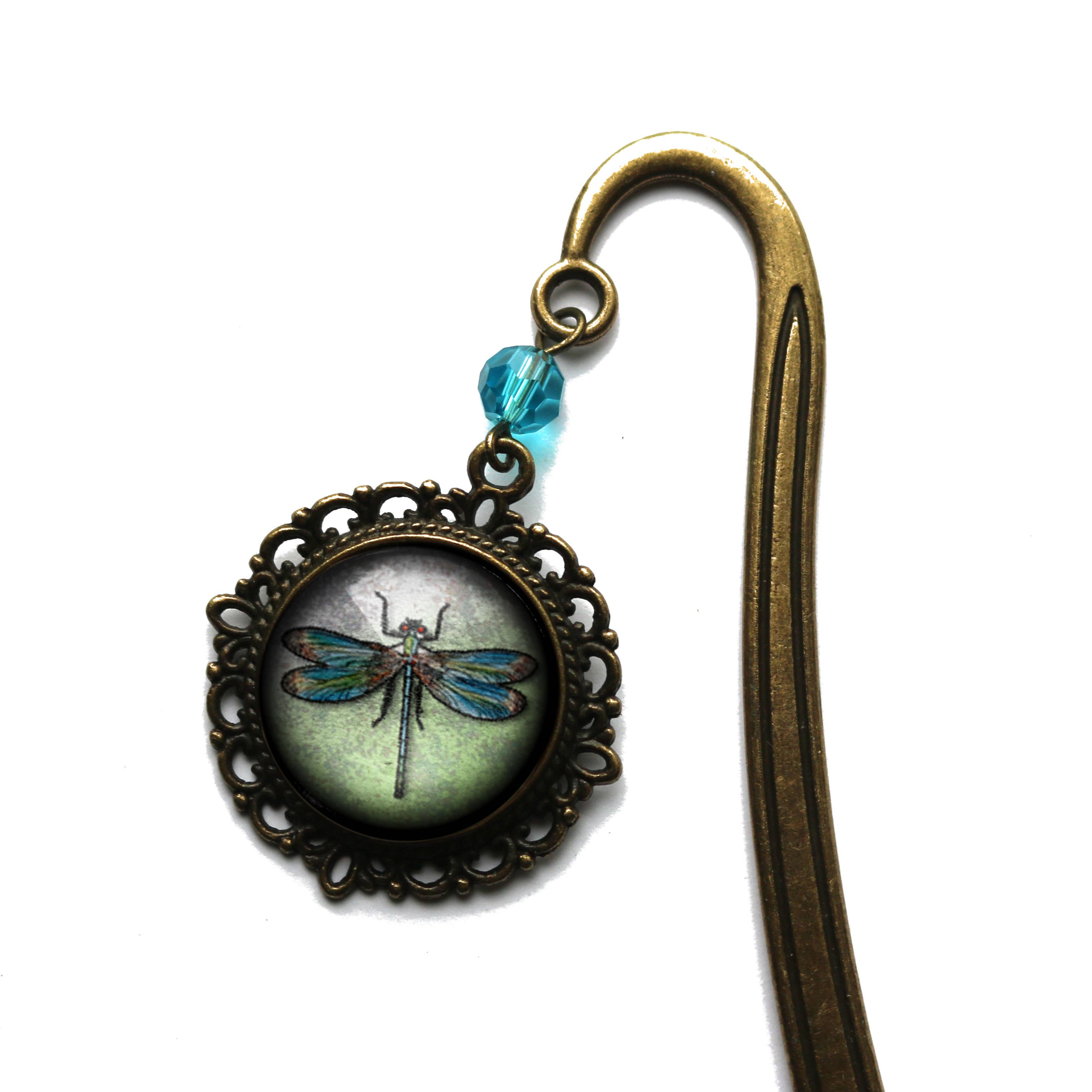 Dragonfly Vintage Inspired Glass Cabochon Bronze Bookmark