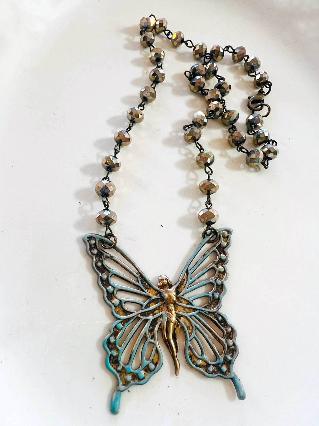 Brass Patina Boho Fairy Butterfly Beaded Chain Necklace