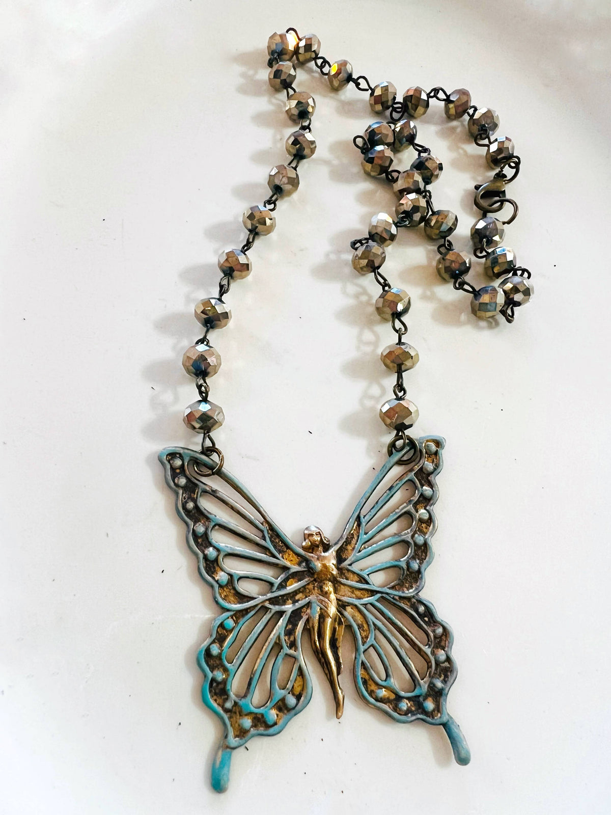 Brass Patina Boho Fairy Butterfly Beaded Chain Necklace