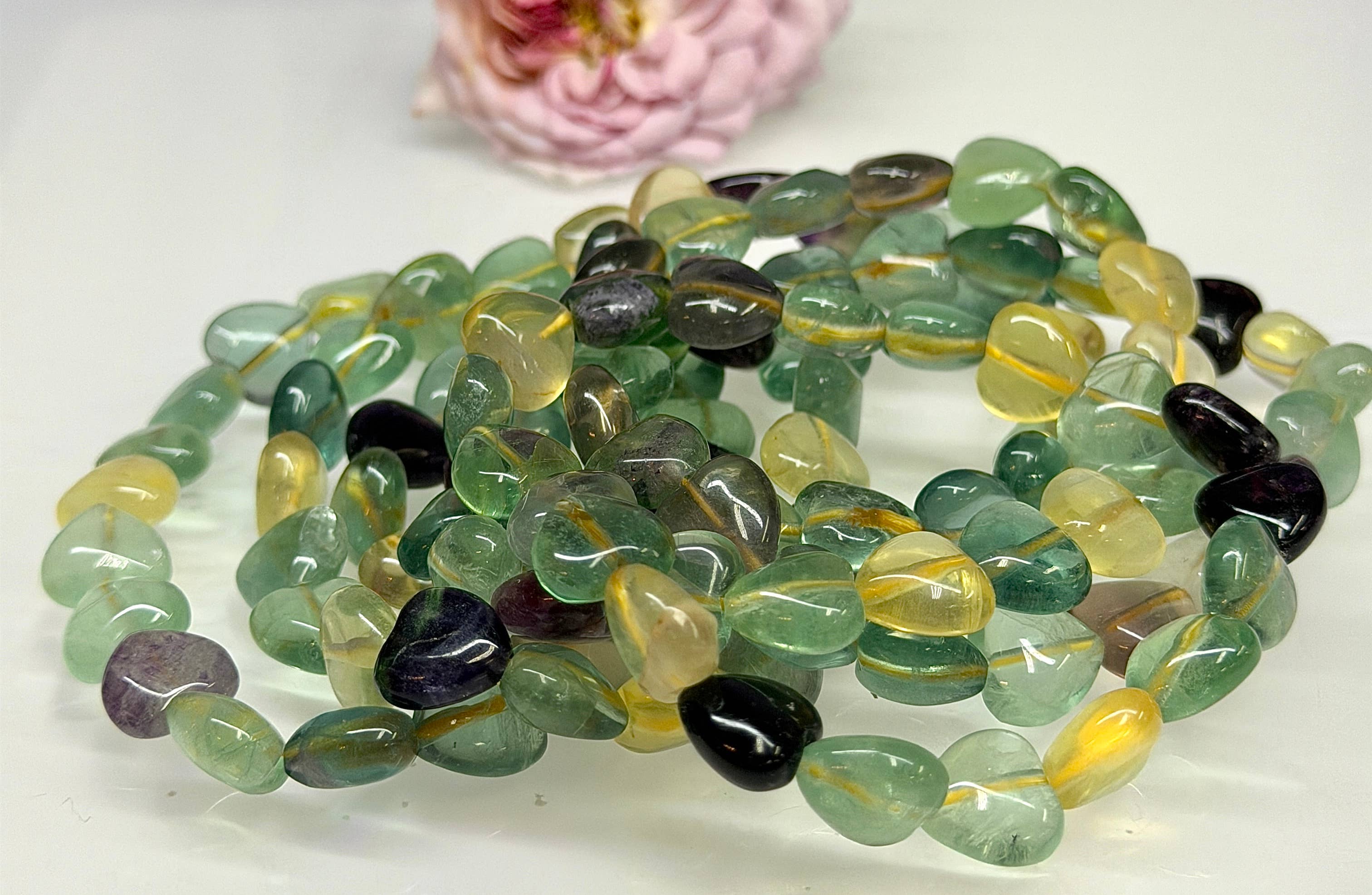 Natural Fluorite Heart Crystal Stretch Bracelet 7.5”