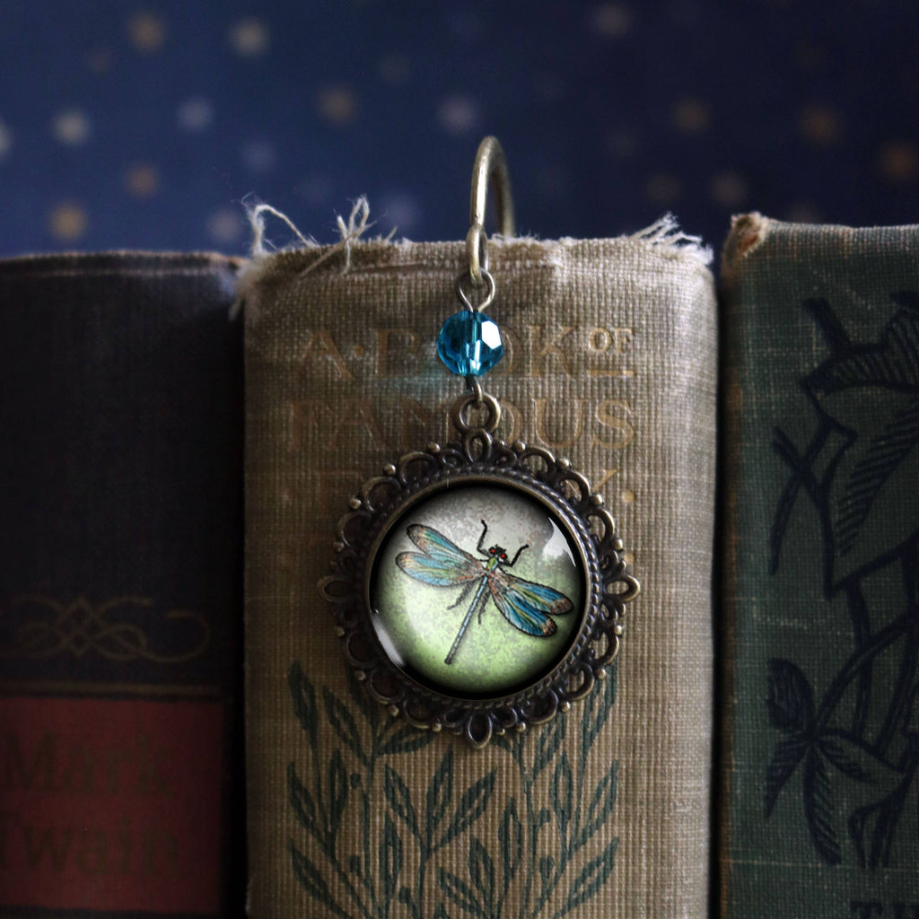 Dragonfly Vintage Inspired Glass Cabochon Bronze Bookmark
