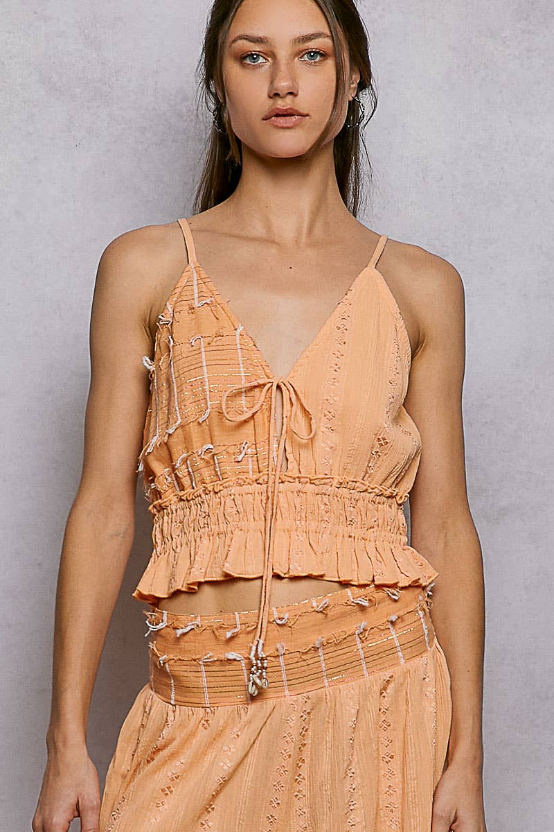 Reverse Ruffle Shirring V-Neck Cotton Sleeveless Crop Top