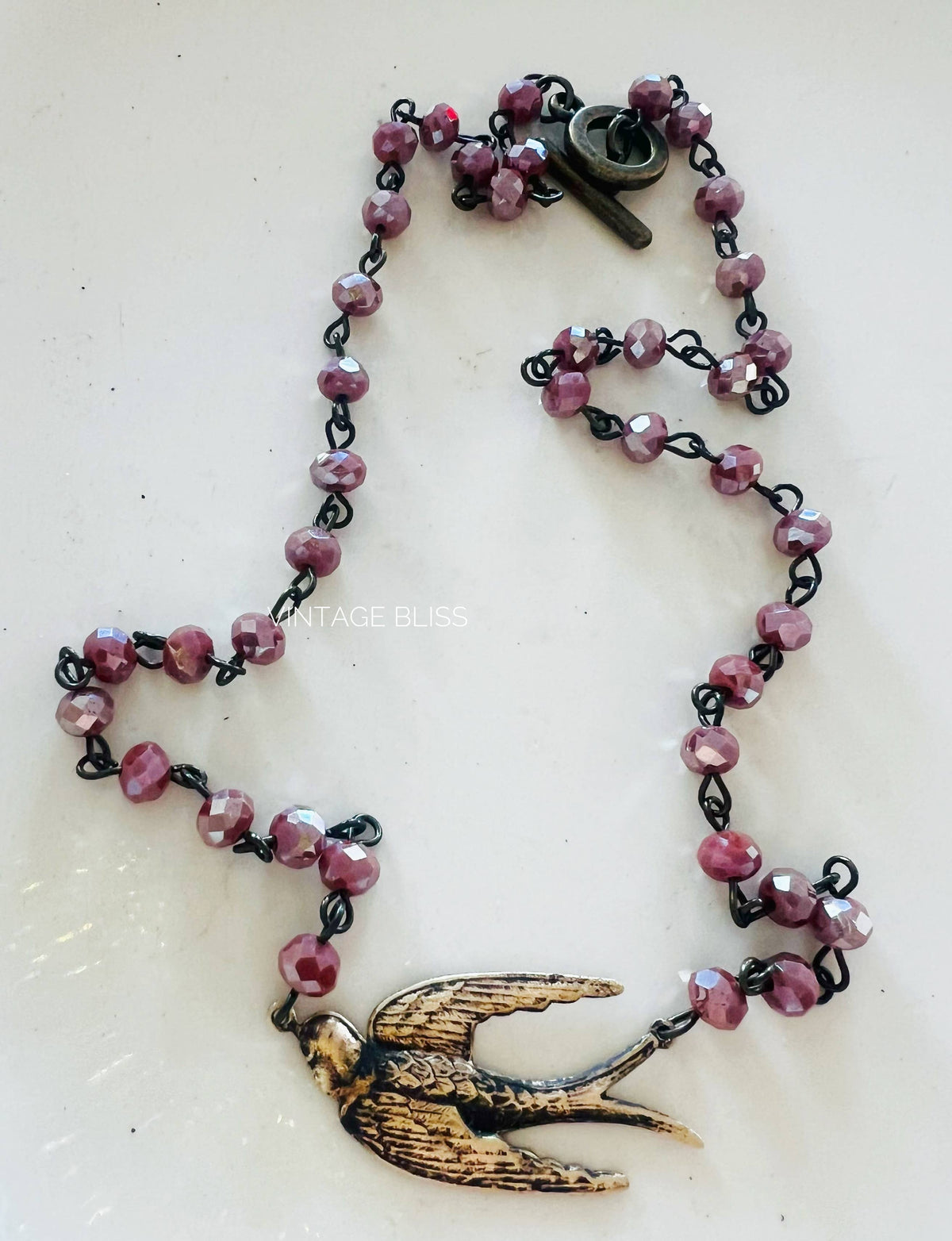 Fly Away Sparrow Brass Patina Beaded Chain Necklace