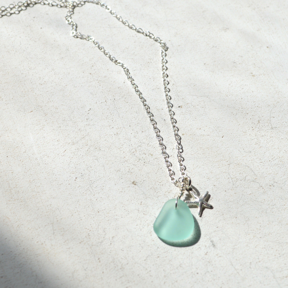 Tiny Frosted Glass & Starfish Necklace Silver