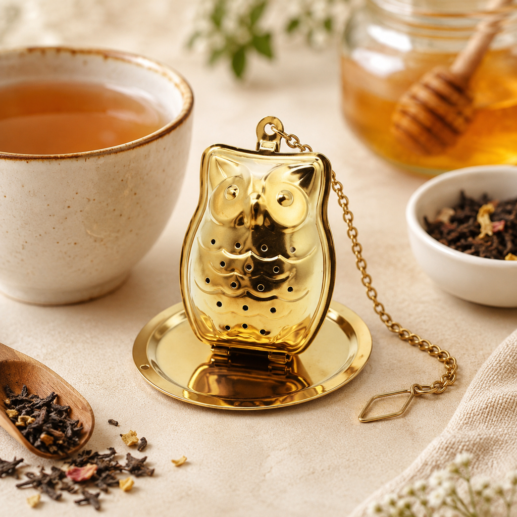 Gold Owl Tea Infuser w/ Drip Tray | Stainless Steel Strainer