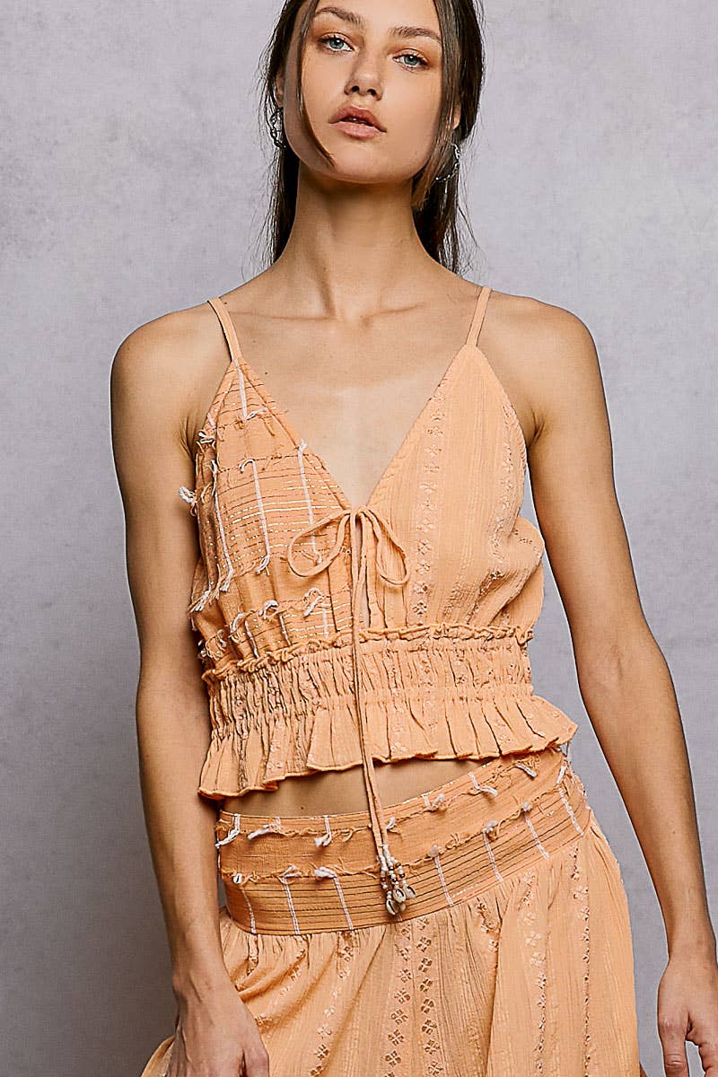 Reverse Ruffle Shirring V-Neck Cotton Sleeveless Crop Top