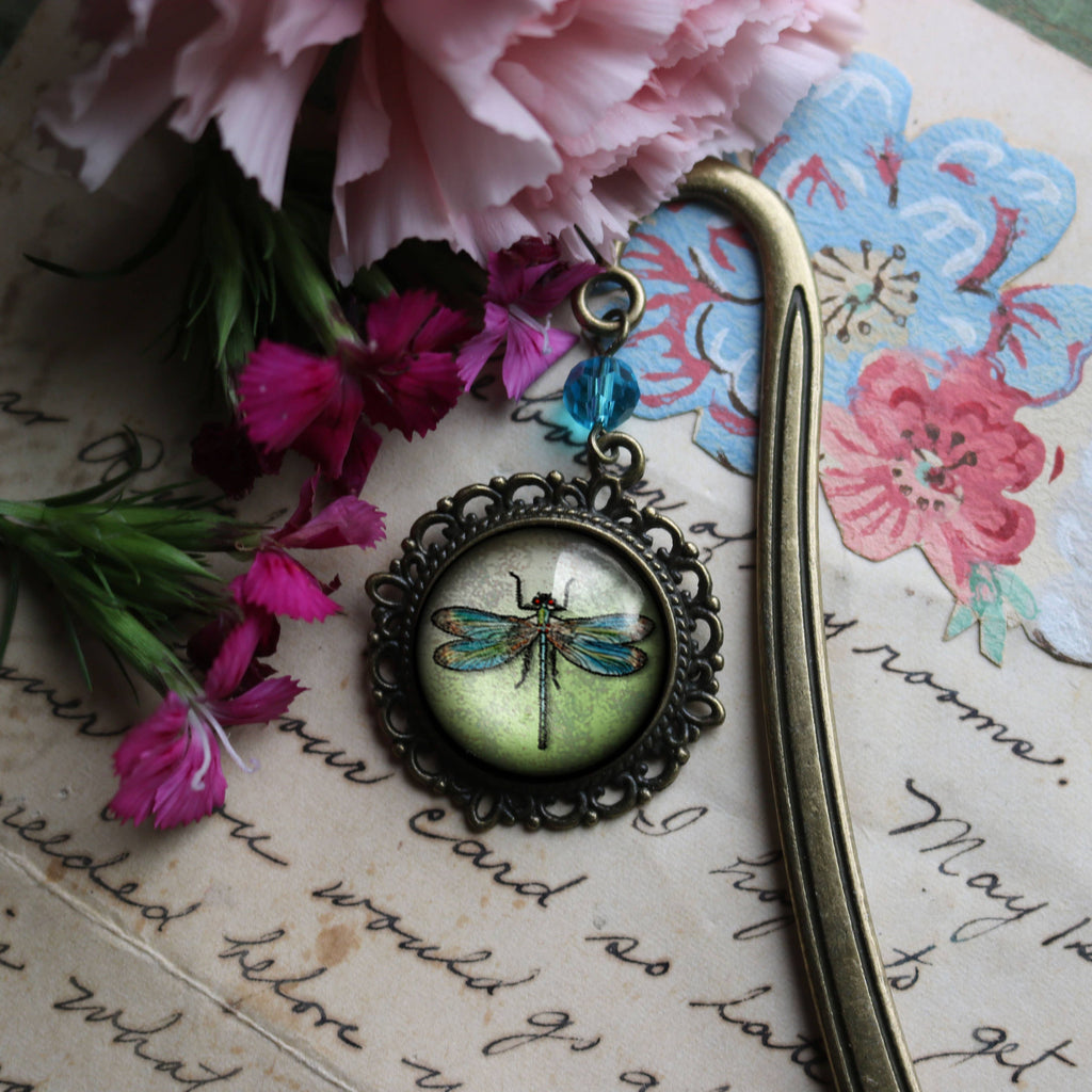 Dragonfly Vintage Inspired Glass Cabochon Bronze Bookmark