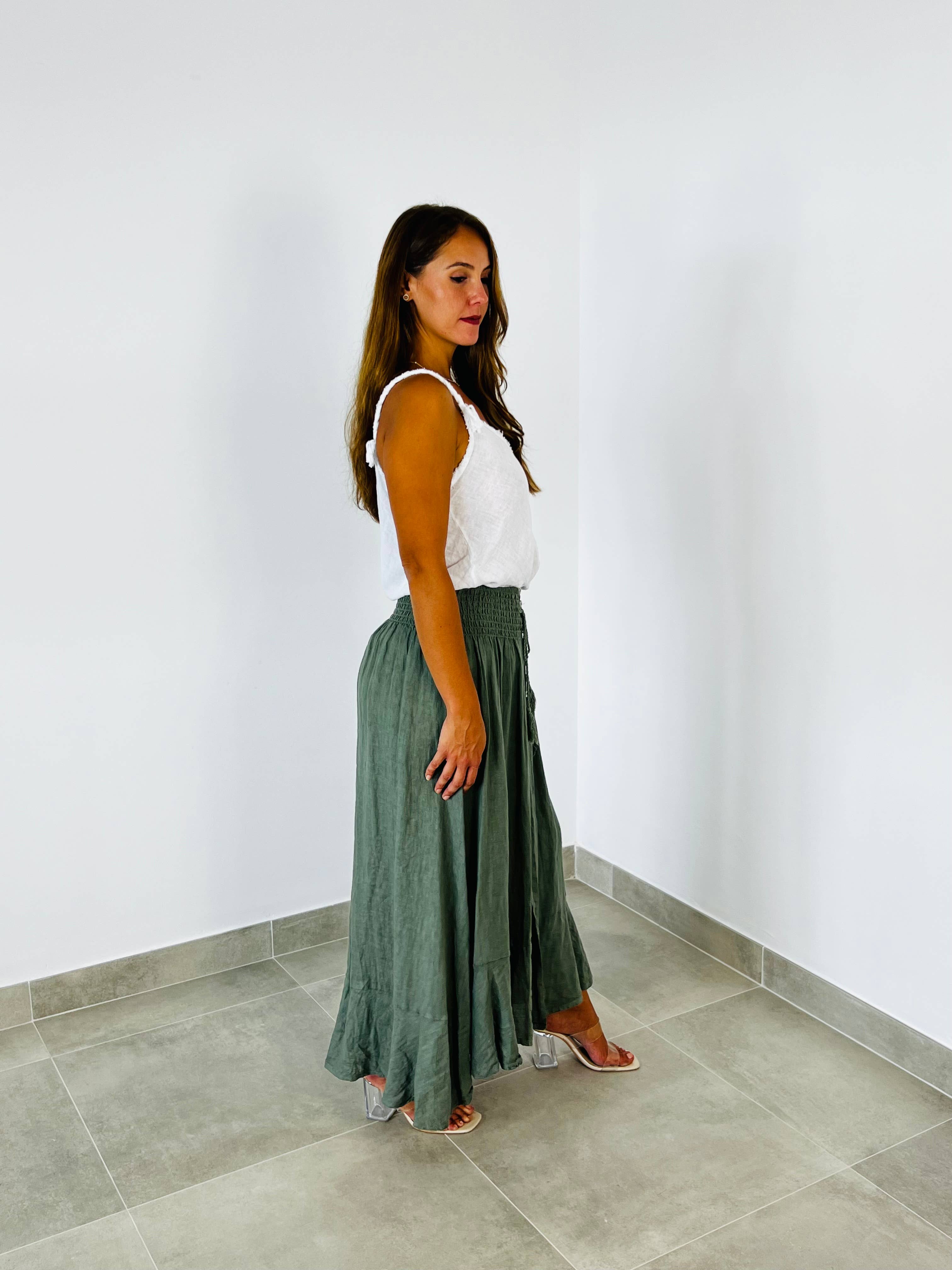 Ref-80129 LINEN SKIRT WITH BUTTONS, ELASTIC WAIST, 100% LINEN