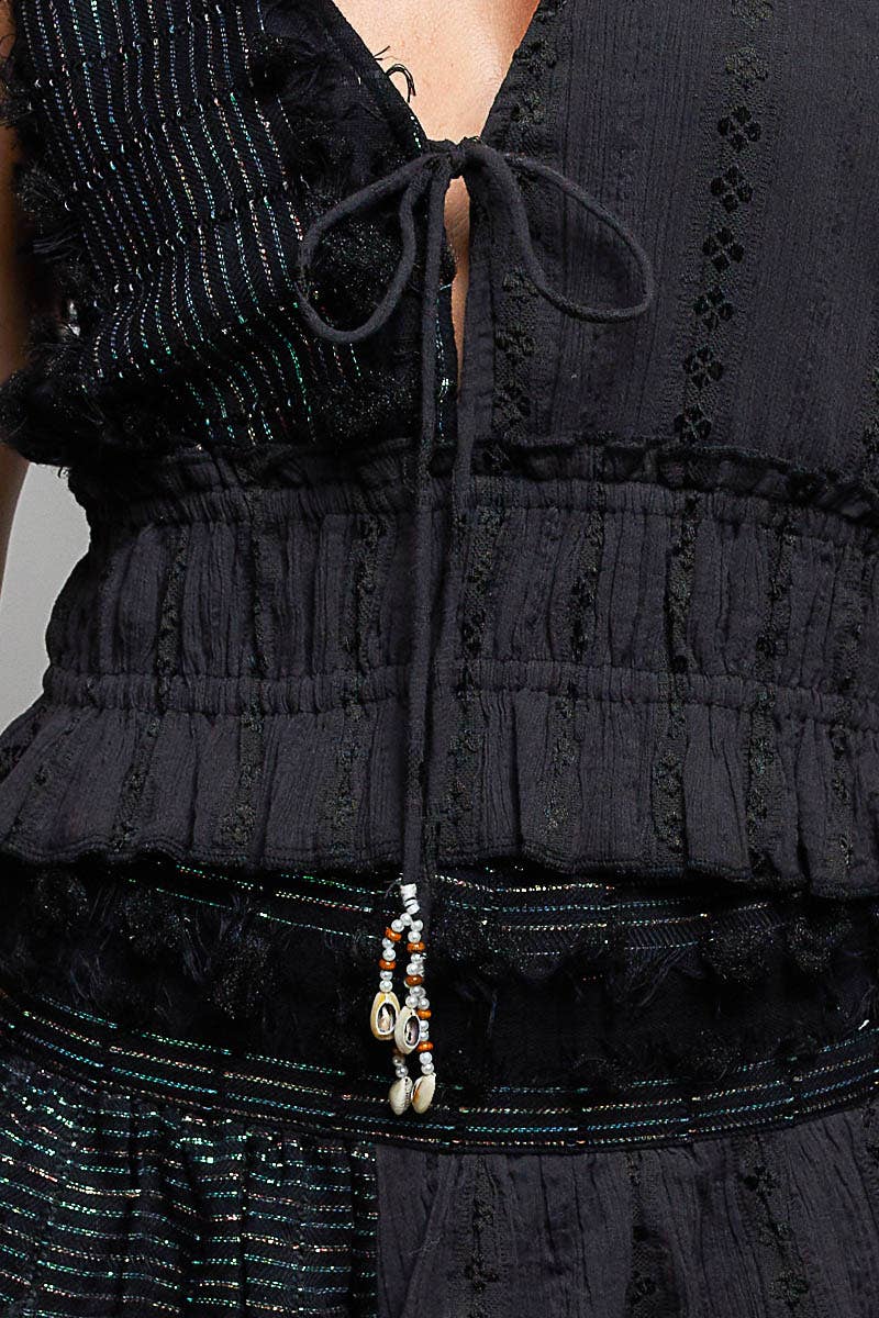 Reverse Ruffle Shirring V-Neck Cotton Sleeveless Crop Top