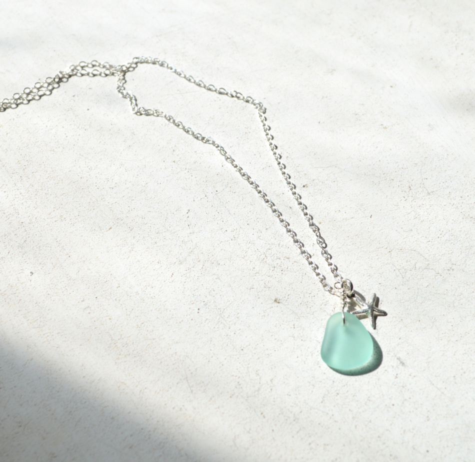 Tiny Frosted Glass & Starfish Necklace Silver