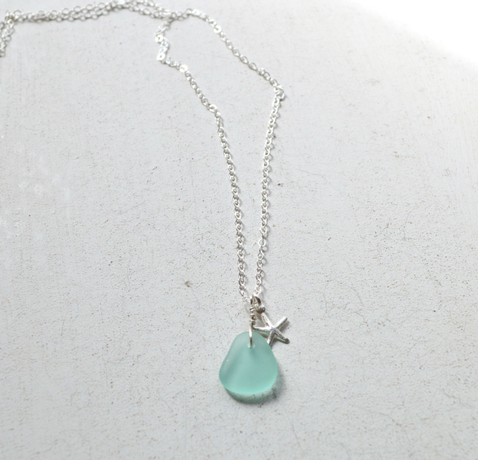 Tiny Frosted Glass & Starfish Necklace Silver