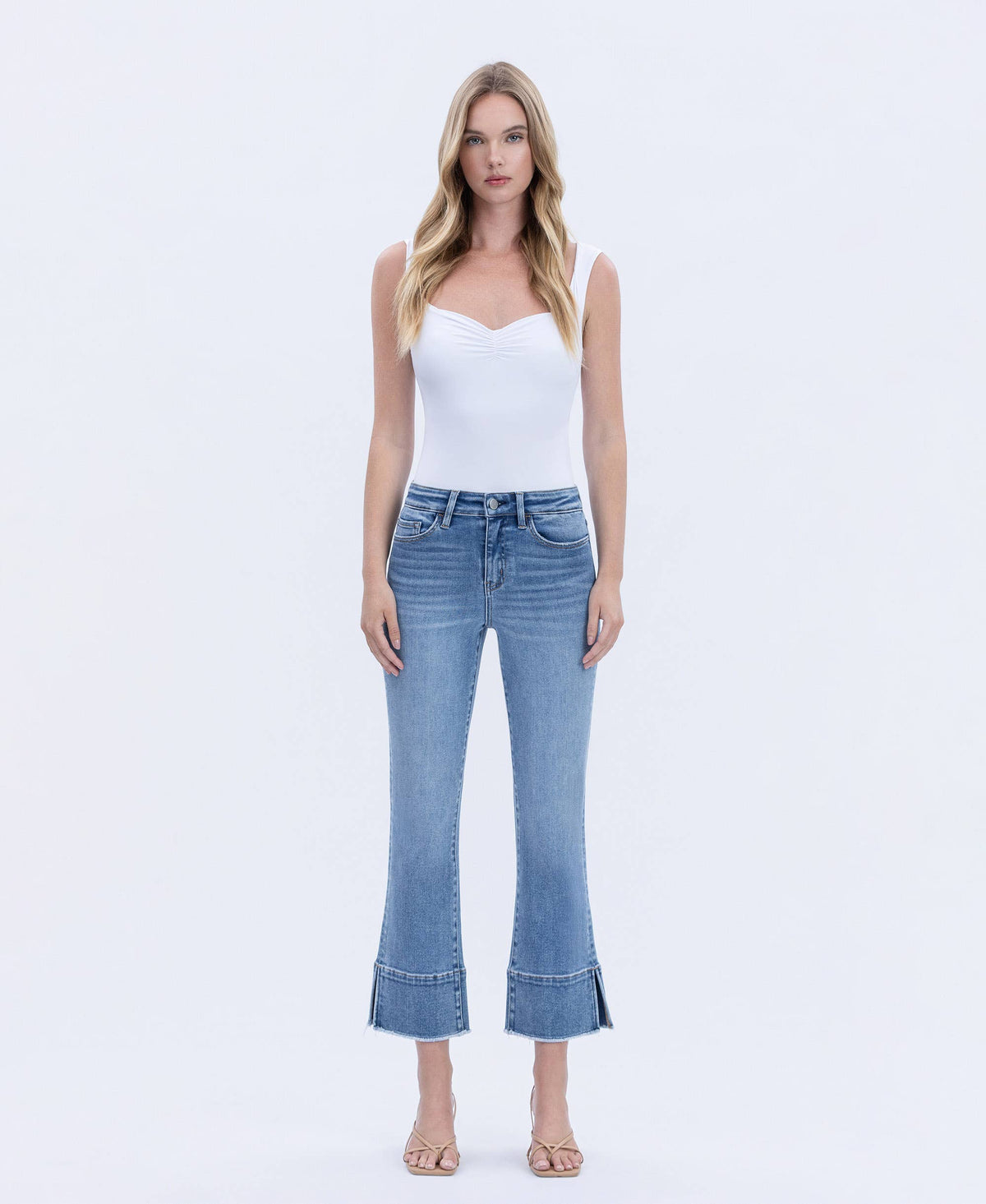 HIGH RISE TROUSER SLIT HEM KICK FLARE JEANS F6077