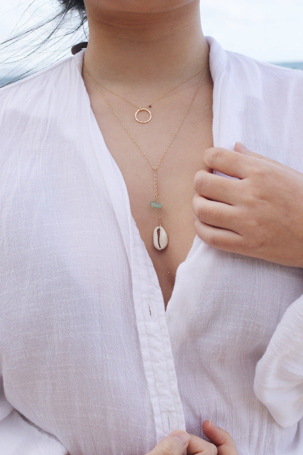 Cowrie Shell & Sea Foam Glass Necklace in Gold