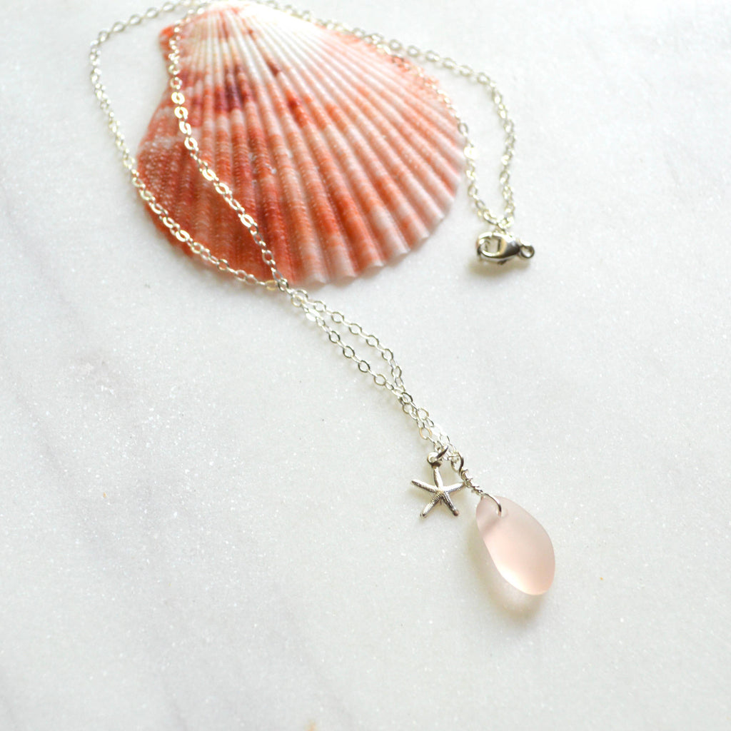 Tiny Frosted Glass & Starfish Necklace Silver