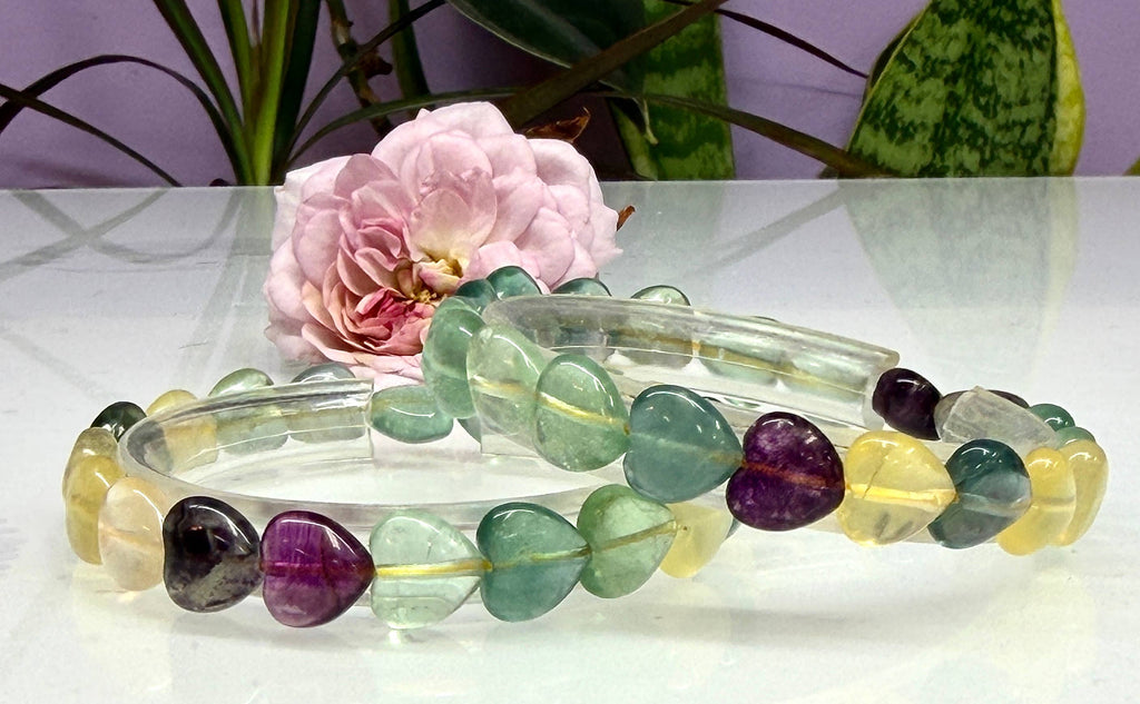 Natural Fluorite Heart Crystal Stretch Bracelet 7.5”