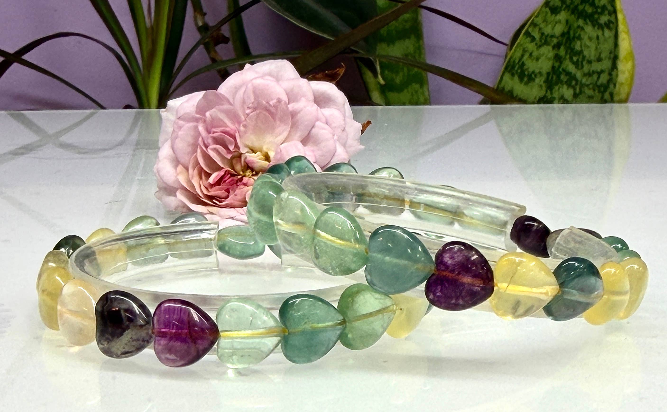 Natural Fluorite Heart Crystal Stretch Bracelet 7.5”