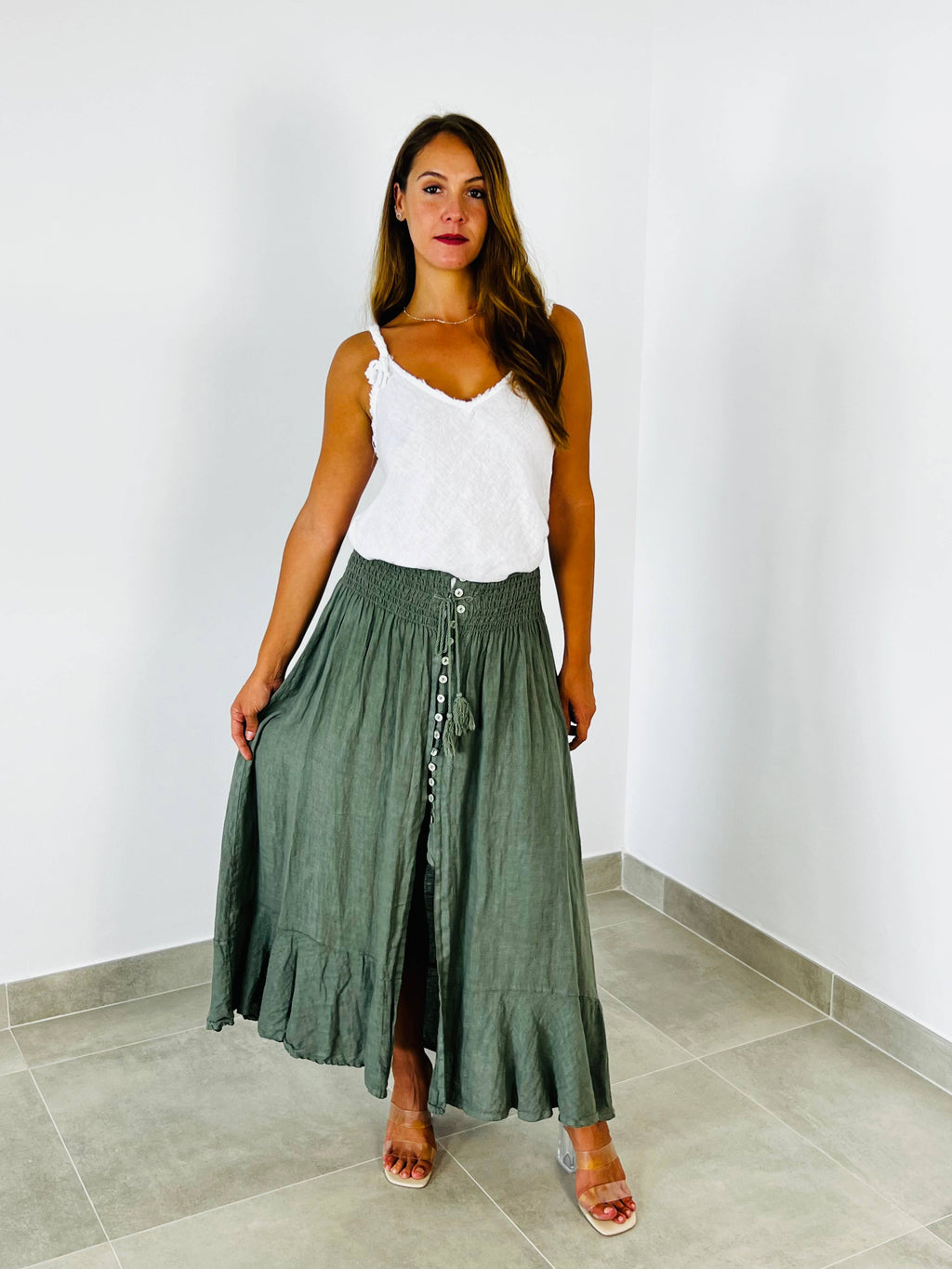 Ref-80129 LINEN SKIRT WITH BUTTONS, ELASTIC WAIST, 100% LINEN